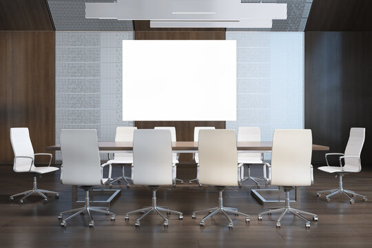 Luxury dark wood meeting room interior with empty white mock up poster, furniture and daylight. 3D Rendering.