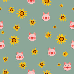 Vector flat animals colorful illustration for kids. Seamless pattern with cute pig face on color floral background. Adorable cartoon character. Design for textures, card, poster, fabric, textile