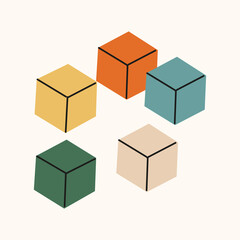 Colorful wooden cubes. Component of the development of Montessori education in kindergarten, at home. Game for children to develop hand motor skills, thinking. Vector hand drawing
