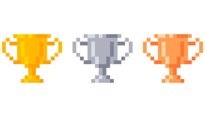 Pixel golden, silver and bronze trophy pack. Isolated vector illustration.