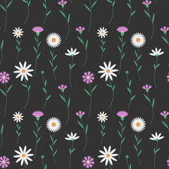 Seamless pattern with daisies and cornflowers on a dark background