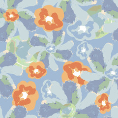 Fototapeta na wymiar seamless hand drawn mixed flowers pattern on blue background , greeting card or fabric