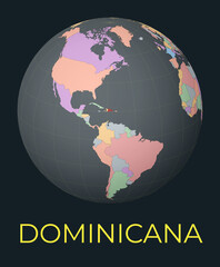 World map centered to Dominicana. Red country highlighted. Satellite world view centered to country with name. Vector Illustration.
