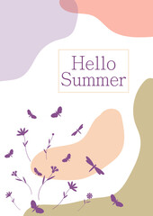 Hello summer postcard with colored spots and butterflies