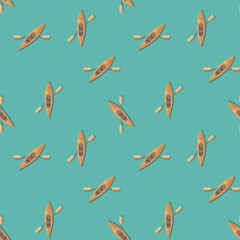 Seamless pattern with kayak boats on turquoise background