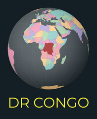 World map centered to DR Congo. Red country highlighted. Satellite world view centered to country with name. Vector Illustration.