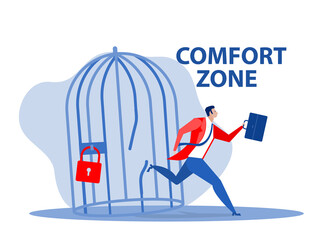 Businessman trying or running from  unlocking cage and comfort zone ,freedom concept vector illustrator