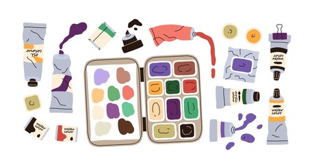 Paints set. Oil, acrylic colours in open squeezed tubes, watercolor palette box, gouache, ink for drawing, art. Artists colors, supplies. Flat vector illustrations isolated on white background