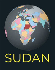 World map centered to Sudan. Red country highlighted. Satellite world view centered to country with name. Vector Illustration.