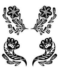 Set of vector monochrome clipart frames with flowers on stems with folk ornaments. Kit of rustic templates with black floral arrangement