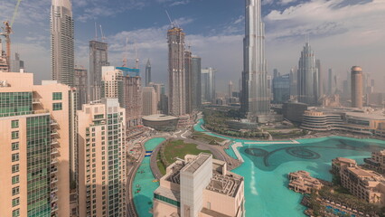 Aerial view of Dubai city early morning timelapse in downtown.