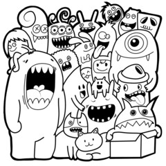 Hand-drawn illustrations, monsters doodle, Hand Drawn cartoon monster illustration,Cartoon crowd doodle hand-drawn Doodle style.black and white stripes coloring