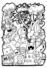 Hand-drawn illustrations, monsters doodle, Hand Drawn cartoon monster illustration,Cartoon crowd doodle hand-drawn Doodle style.black and white stripes coloring