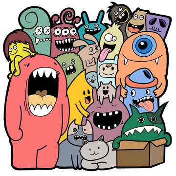 Hand-drawn illustrations, monsters doodle, Hand Drawn cartoon monster illustration,Cartoon crowd doodle hand-drawn Doodle style.