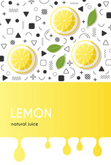 A bright and modern pattern for packing lemons or lemon juice. Trendy 80's style pattern with Memphis elements, abstract linear and geometric shapes. Packaging, brochure, postcard. Vector illustration