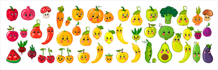 set of fruits and vegetables, colorful painted cute characters, vector illustration, isolated on a white background - 502523198