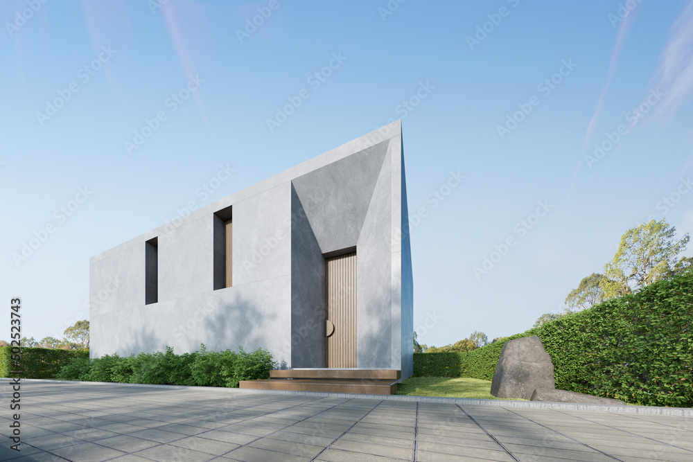 Poster 3d rendering of modern concrete building with large wooden door.