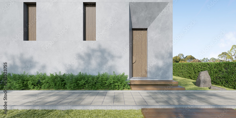 Poster 3d rendering of modern concrete building with large wooden entrance door.