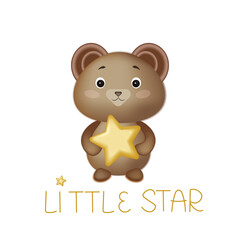 Vector 3d illustration, cute bear is holding a star. Little star lettering. Kawaii smiling cartoon animal. Suitable for cards, baby products, children's books, goods.