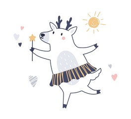 Cute fairytale animal in Scandi style. Fairy tale deer dancing with magic wand under sun. Scandinavian adorable baby character in skirt. Childish flat vector illustration isolated on white background