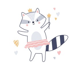 Cute fairytale baby animal with magic wand, crown. Scandinavian fairy raccoon princess. Happy adorable sweet little racoon character. Childish flat vector illustration isolated on white background