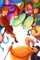 A group of musicians play the violin, drums, wind instruments and beat cymbals. In the foreground, the singer, holding a microphone, sings. Between them is a white background for the text