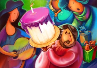 A birthday cake with candles, carried by a man, playing musical instruments and singing in the background