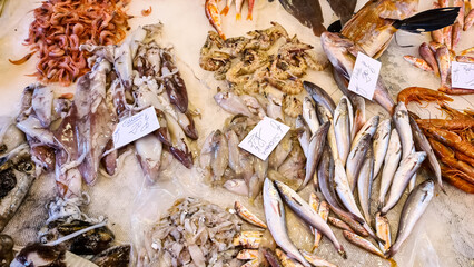 Close up view on a table full of sea food on the daily fish market in Catania, Sicily, Italy, Europe. Stall with different types of fresh seafood - fish, shrimps, mussels, octopus, squid. La Pescheria