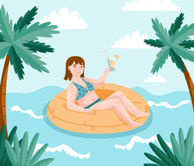 A girl in a blue swimsuit swims in the sea on an inflatable circle with a cocktail in her hands. Drawn in cartoon style. Vector illustration for designs, prints, patterns. 