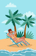 A girl in a yellow swimsuit lies on a deck chair and sunbathes on the beach. Drawn in cartoon style. Vector illustration for designs, prints, patterns. Summer landscape in the background