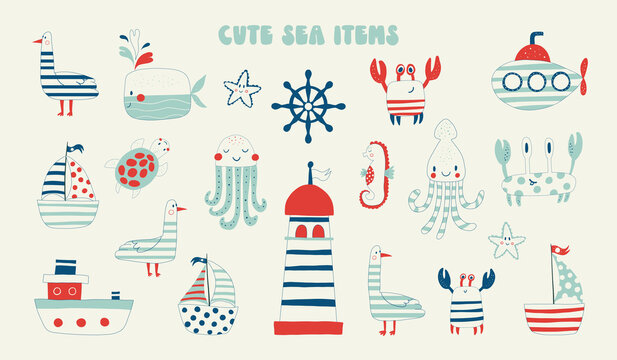Cute marine items, elements of nature. Summer accessories, set of items. Lighthouse, steering wheel, crab, seahorse, whale, starfish and others. Baby flat vector illustration.