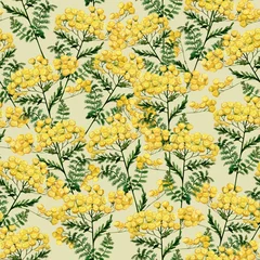 Rolgordijnen Watercolor wild flowers and blooming herbs pattern with tansy on yellow © AnjeseAnna