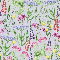 Watercolor wild flowers and blooming herbs pattern with yarrow on gray-purple