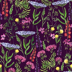 Watercolor wild flowers and blooming herbs pattern with yarrow on dark purple