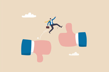 Change or transform to better opportunity, improvement or courage, determination to progress or career growth, aspiration or challenge concept, courage businessman jumping from thumb down to thumb up.
