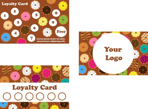 Donut loyalty card template. Buy 9 and enjoy the 10 for free. Vector template. Free donut - Powered by Adobe