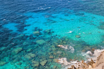 view above a clear sea blue turquoise and rock in Corsica island at Bonifacio