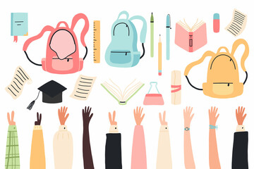 School supplies and items set isolated on white background. Back to school . Education workspace accessories. Vector illustration.Hands up.