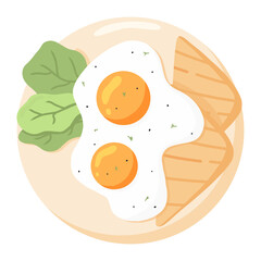 Eggs on a plate. Fried eggs with vegetables and bread. English delicious breakfast. Omelet with bread. Vector illustration in cartoon style.