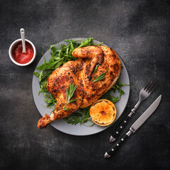 Grilled chicken. Half baked chicken with lemon and spices. Delicious juicy chicken. Grilled poultry. - 502526552