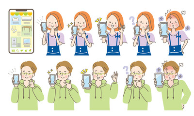 スマホの画面を見せる若い男女の表情セット