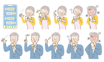 スマホを操作するシニアの女性と男性の表情セット