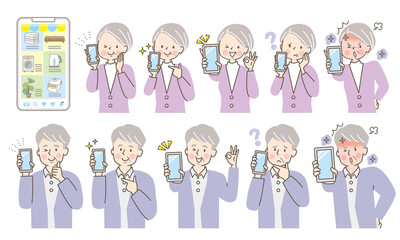 スマホの画面を見せるシニアの女性と男性の表情セット