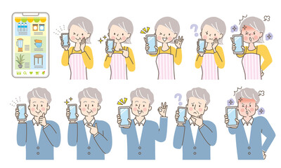 スマホの画面を見せるシニアの女性と男性の表情セット