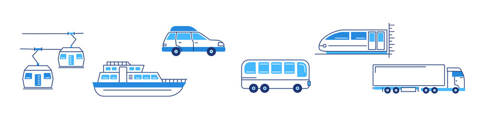 Vector illustration of cartoon modes of transportation on white background.