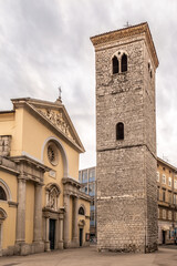 Fototapeta na wymiar View at the Church of Assumption of Blessed Virgin Mary with Leaning tower in the streets of Rijeka - Croatia
