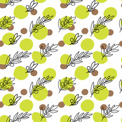 A seamless pattern of olive sprigs, drawn doodle elements in sketch style. Olive with berries and abstract spots on a white background. Olives.
