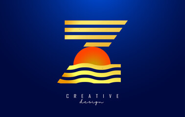 Fototapeta premium Letter Z logo design with golden lines and red half circle. Vector illustration with wavy and sunset lines on a dark blue background.