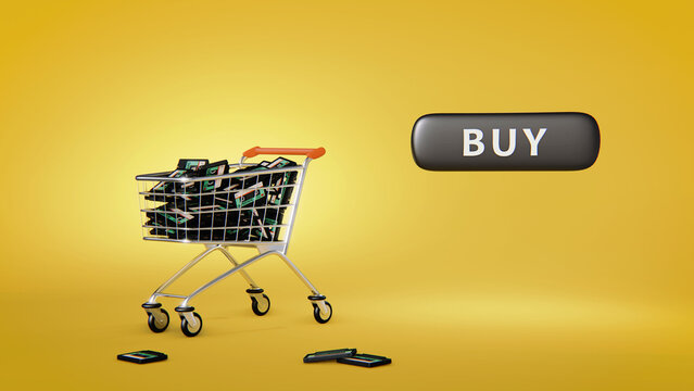 3d illustration of shopping cart full of cassettes with button buy.