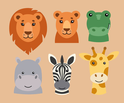 Cute African animals. Set of portraits of predators and herbivores savanna: lion, lioness, crocodile or alligator, hippopotamus, zebra and giraffe. Vector illustration in a flat style.